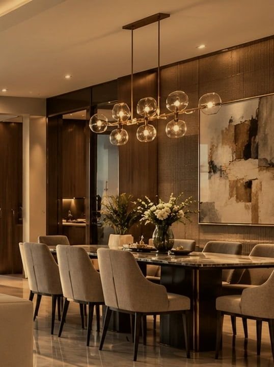 Conceptual dining room with a glass globe chandelier, in a warm grade. Not the actual project.