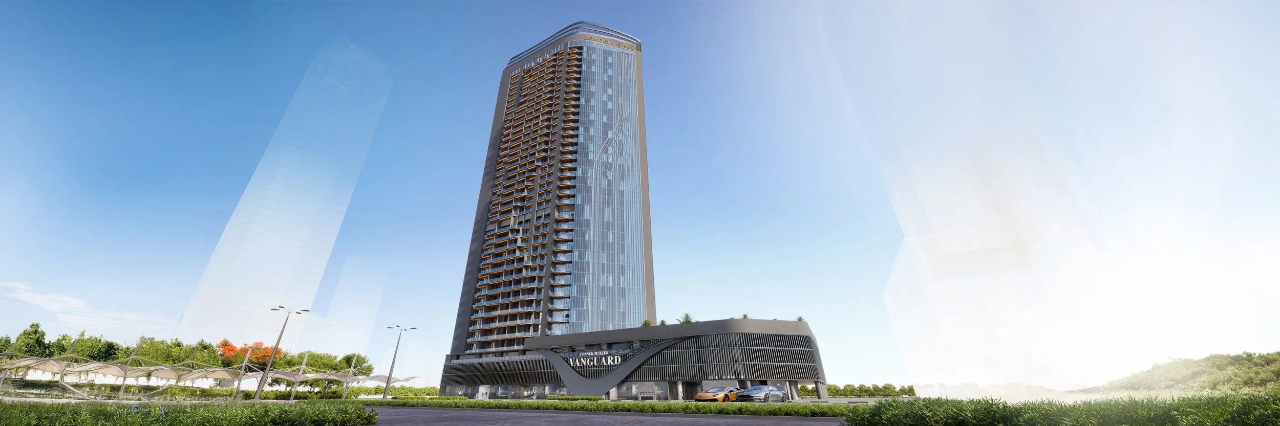 Artist's impression of a single glass tower with a clock face crown. A different project, in Dubai.