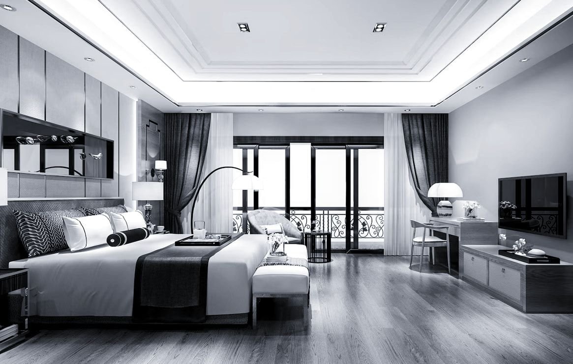 Conceptual bedroom suite with a balcony and soft lighting, in a cool monochrome grade. Not the actual project.