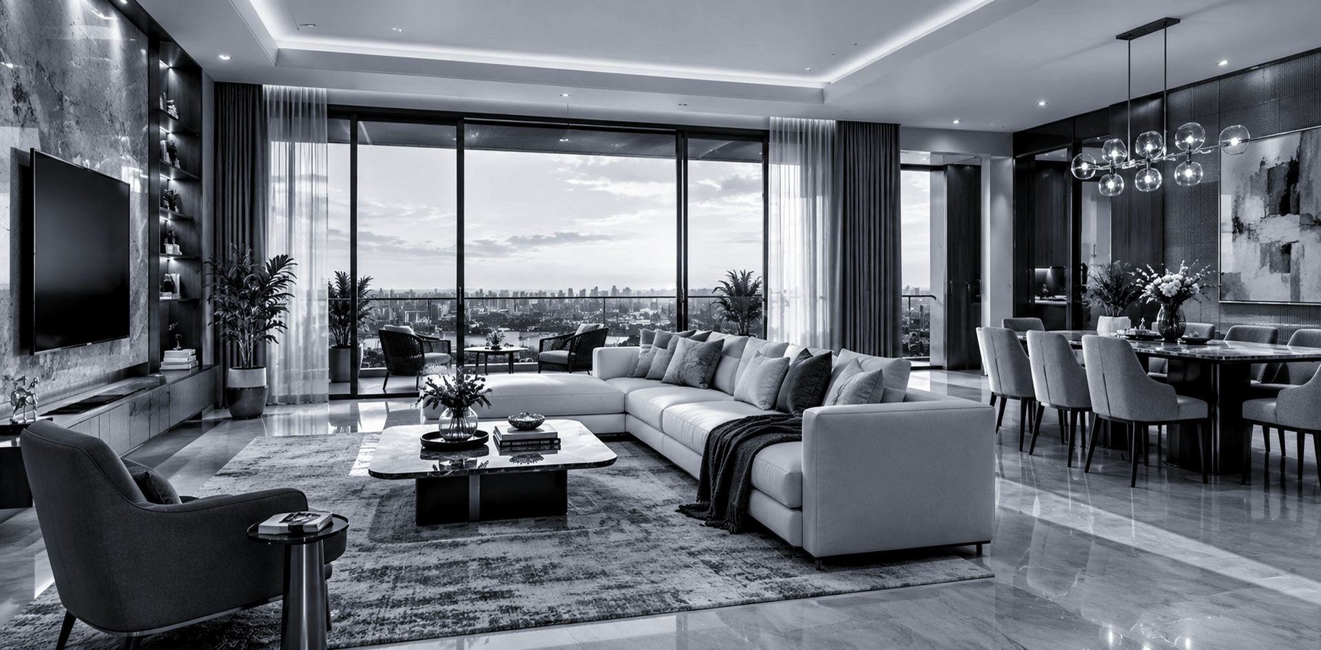 Conceptual living and dining room with full-height glazing and a city view, in a cool monochrome grade. Not the actual project.