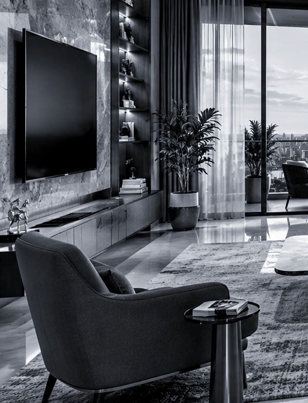 Conceptual lounge corner with a stone wall and shelving. Not the actual project.