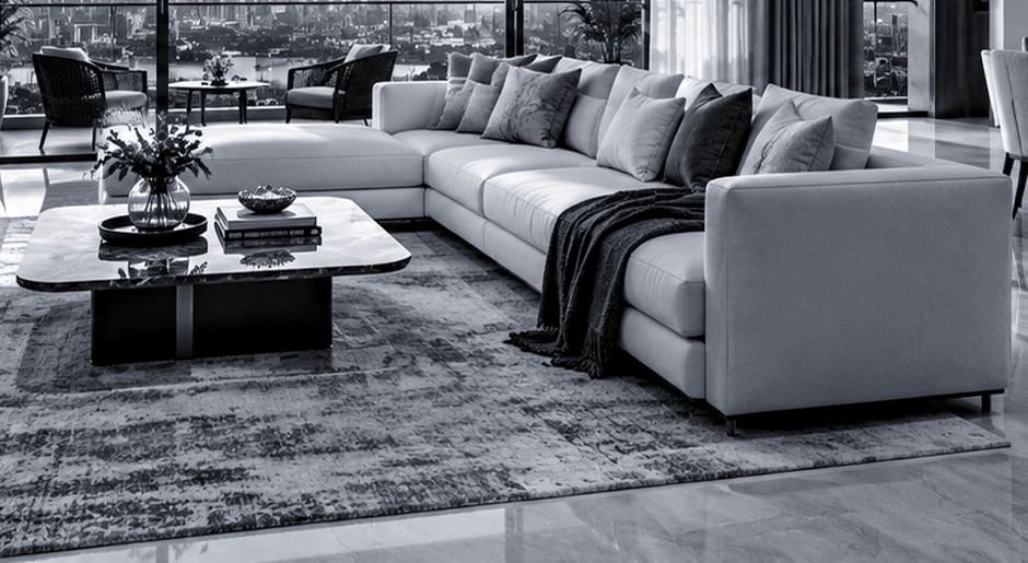 Conceptual sectional sofa and stone coffee table. Not the actual project.