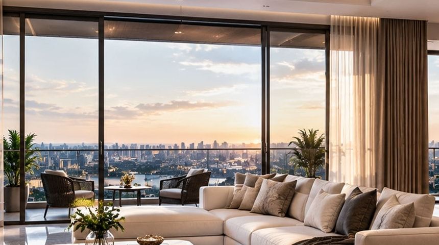Conceptual living room opening onto a balcony with a city view at sunset. Not the actual project.
