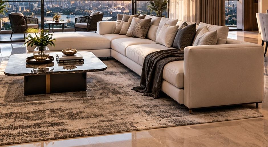 Conceptual sectional sofa and marble coffee table in a living room. Not the actual project.