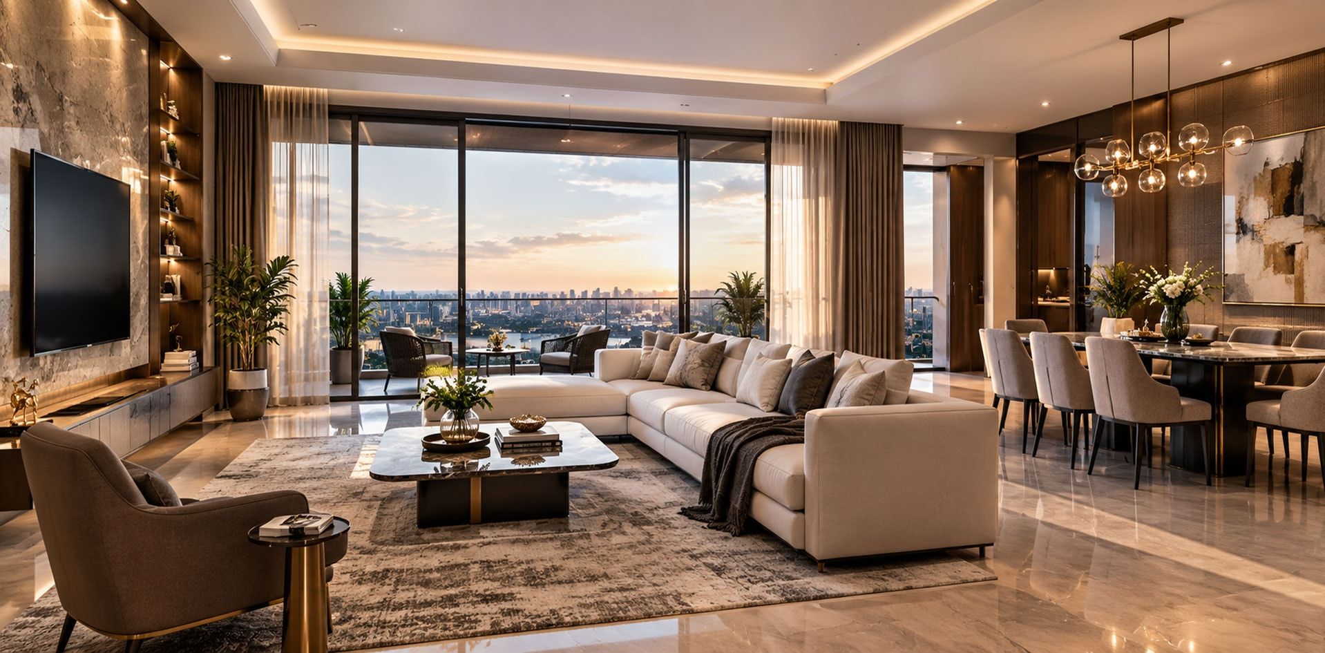 Conceptual living and dining room with floor-to-ceiling windows and a city view at sunset. Not the actual project.
