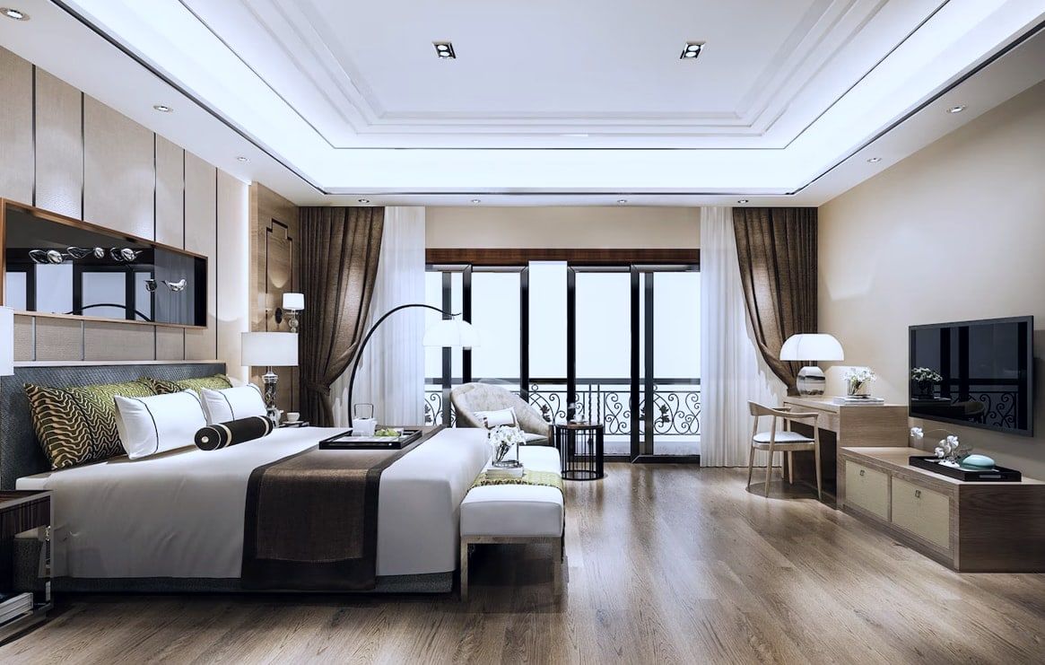 Conceptual bedroom suite with a balcony and soft lighting. Not the actual project.