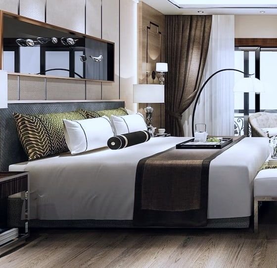 Conceptual bed with cushions and bedside lamps. Not the actual project.