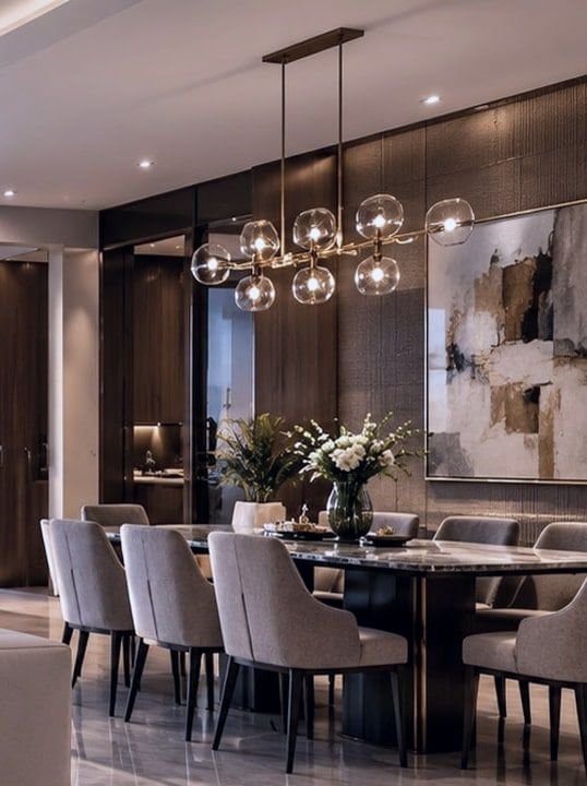 Conceptual dining room with a glass globe chandelier. Not the actual project.