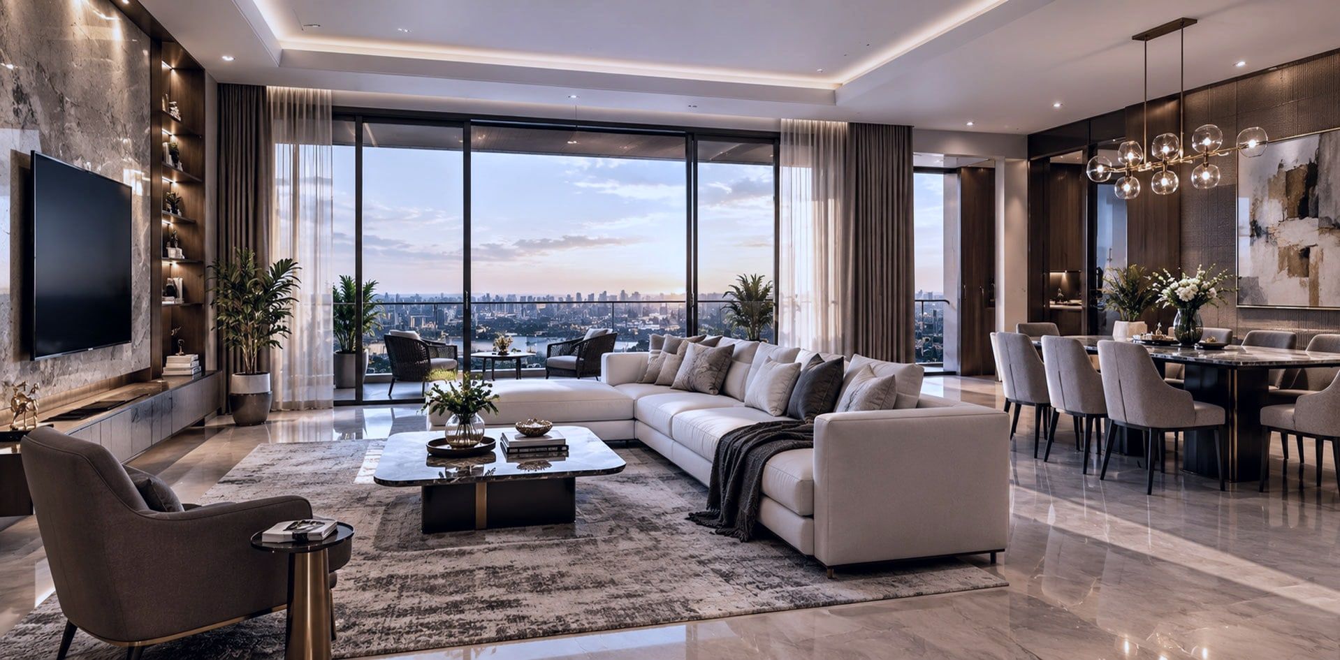 Conceptual living and dining room with full-height glazing and a city view. Not the actual project.