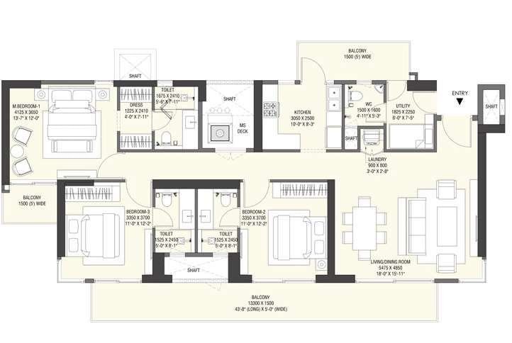 3 BHK Large (3 BHK + 3T + utility), carpet area 1,219 sq ft