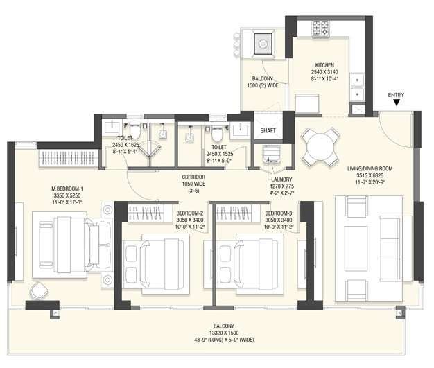 3 BHK (3 BHK + 2T), carpet area 948 sq ft