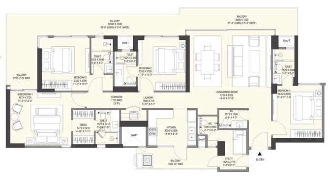 4 BHK (4 BHK + 4T + powder room + utility), carpet area 1,576 sq ft