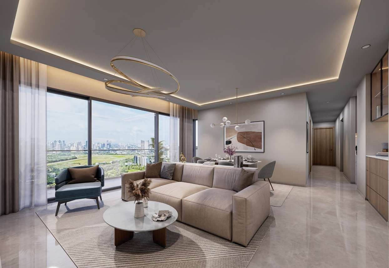 Artist's impression of a living and dining room with full-height glazing.