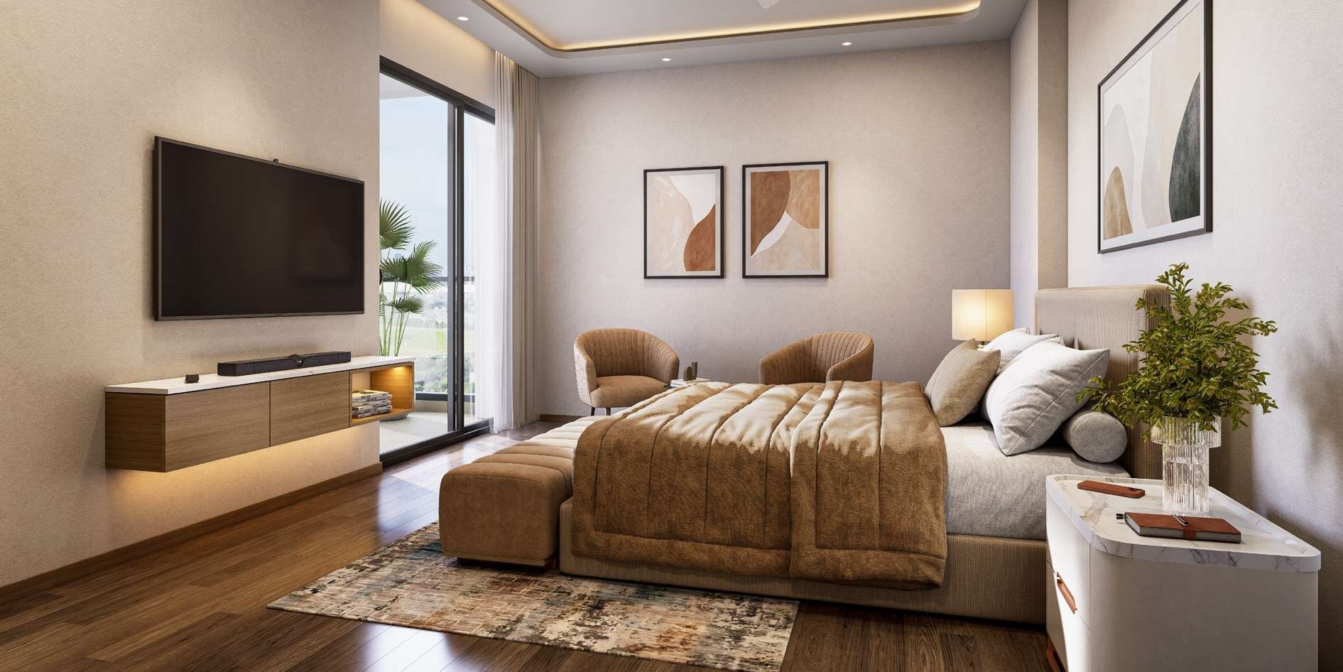 Artist's impression of a master bedroom with warm wood finishes.