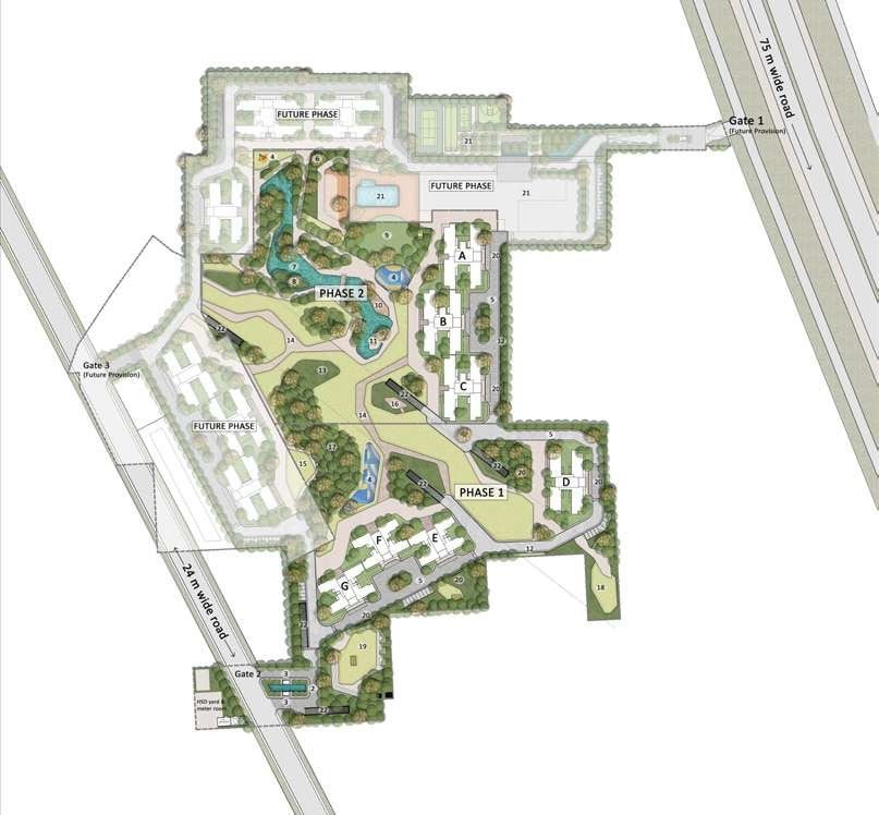 Master plan (proposed): phases, central greens, waterbody and entry gates