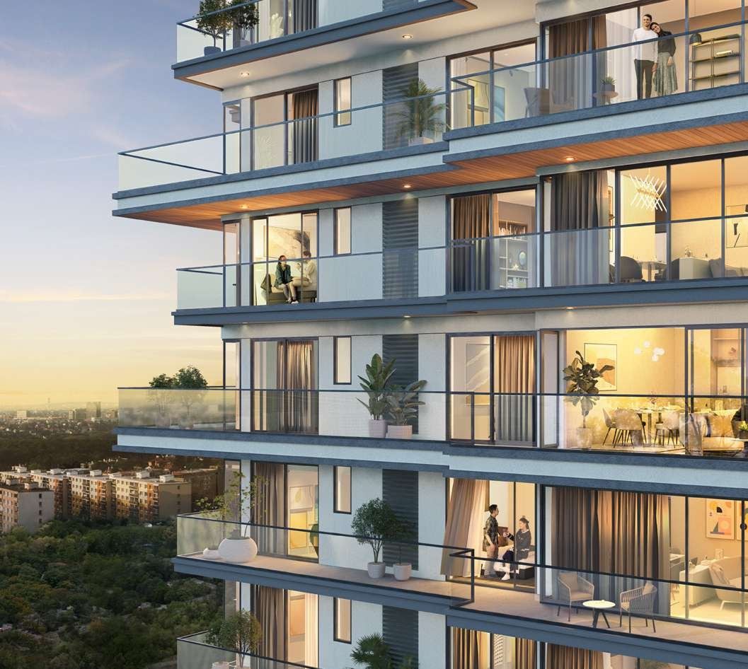 Artist's impression of a tower facade with wide, glazed balconies at dusk.