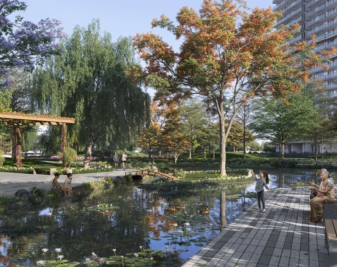 Artist's impression of the water element with a walking promenade, lined with trees.