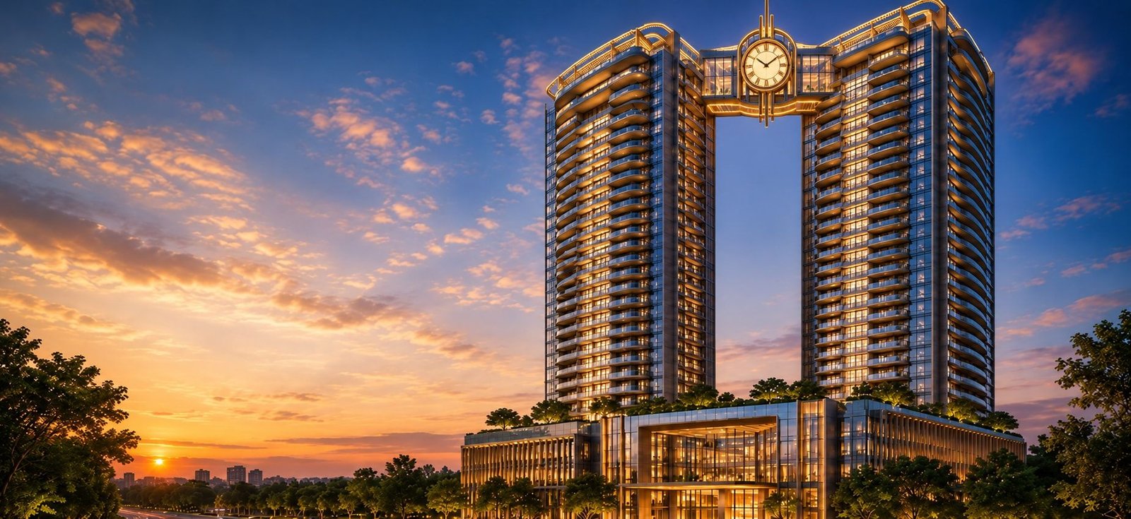 Concept render of twin residential towers joined at the top by a bridge with a golden clock, at sunset. Not the final design.